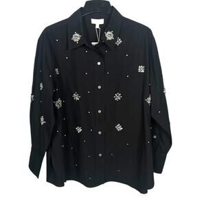 Le AL.X Women's Size Large Black Embellished Cotton Button-Up Shirt Festive